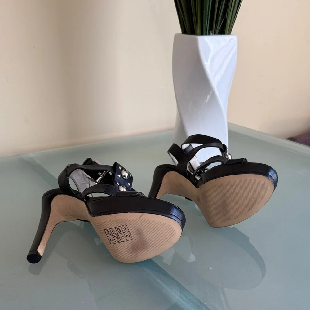 Michael Kors Black Leather Stiletto Sandals Size 9 Silver Studded Platform Heels